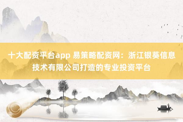 十大配资平台app 易策略配资网：浙江银葵信息技术有限公司打造的专业投资平台